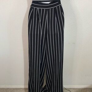 Mind Code Black and White Striped Wide Leg Lightweight Crepe Belted Pants